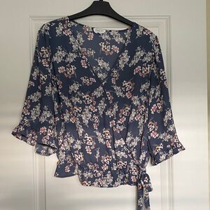 Lush slate blue, orange, and white Floral Wrap Blouse